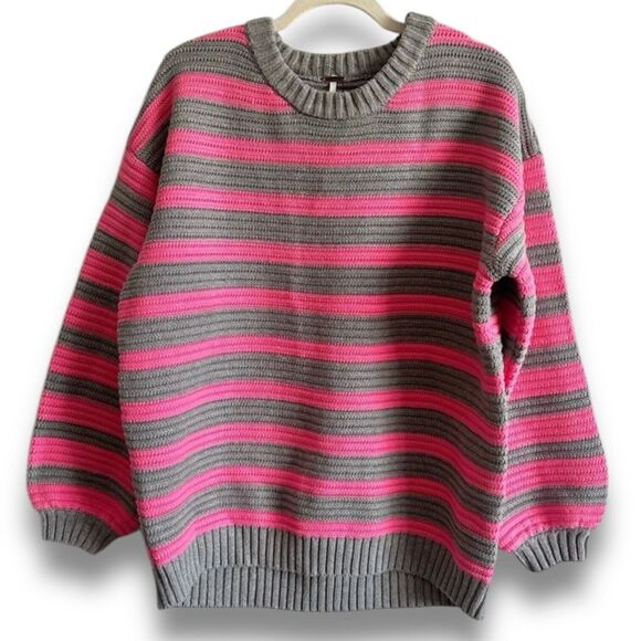 Free People Links Pullover XS Pink Gray Striped Sweater Rib Knit Oversized New - Picture 4 of 9